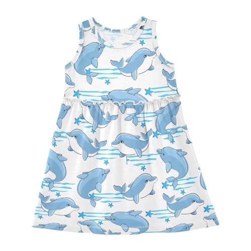 Aflyko Spring Dress for Girl Cartoon Dolphin Starfish Blue Kiddo Tank Sundress Costume Dress Summertime Comfy Skirt for Dinner Event Wedding Party 5-6T
