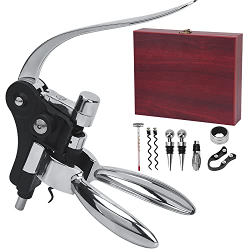 Wine Opener, Rabbit Corkscrew with Elegant Wooden Box, Premium 9-Piece Set, Includes Wine Stopper, Foil Cutter, Bottle Stopper, Easy Cork Removal, Great Gift for Wine Lovers, Sliver