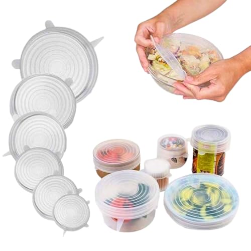 Kit 6 Tampas Silicone Reutilizável Universal Flexível Vedação Hermética Compatíveis com Potes Panelas Frutas Geladeira Congelador Freezer Transparente Livre de BPA