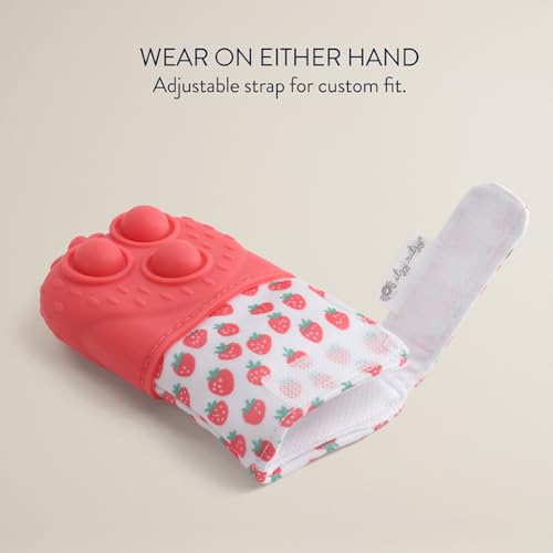 Image of Itzy Ritzy Silicone Teething Mitt - Soothing Infant Teething Mitten with Adjustable Strap, Crinkle Sound & Textured Silicone to Soothe Sore & Swollen Gums - for Ages 3 Months & Up (Strawberry)