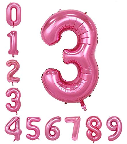 Image of AMFIN 15 Inch 3 Number Foil Balloons for 3rd Birthday Baby Girl Party Decorations, Third Wedding Anniversary Decoration Items - Pink