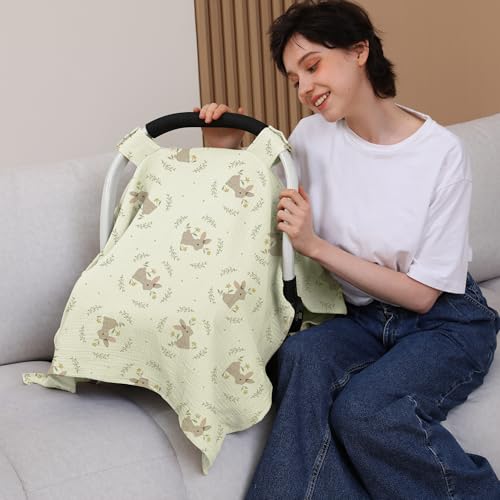 Image of 100% Muslin Cotton Car Seat Cover Baby, Carseat Canopy Cover, Universal Fit Stroller Covers for Boys and Girls (Cute Rabbit)