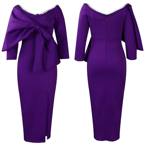 Women's Bateau Collar Hip Wrap Dress Fashion Elegant Dress Three-Dimensional Bow Decoration Dress4