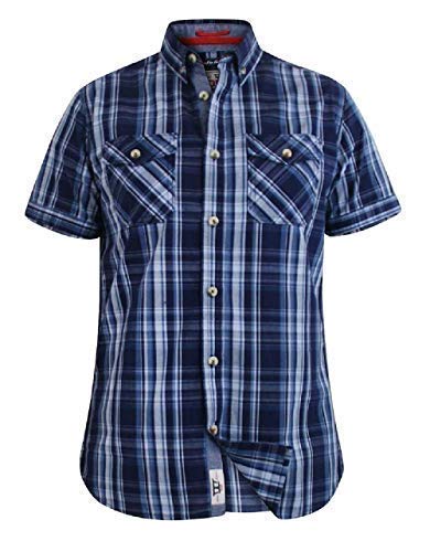 Duke London D555 Doble Bolsillo Manga Corta Azul Marino Camisa de Cuadros (Safford) - Cuadros Marino, 2XL (Chest 50-52 Inches)
