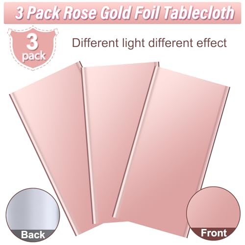 Image of 3 Pack Rose Gold Plastic Tablecloth, Dusty Pink Disposable Rectangle Table Covers, Holographic Metallic Foil Tablecloth Rose Party Supplies Decorations for Birthday Wedding Bachelorette, 54x108Inch