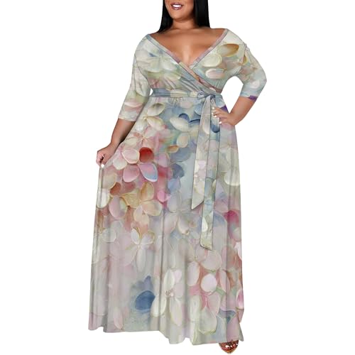 Image of SUZONANA Women's Plus Size Maxi Dresses Casual Loose Short Sleeve Long Maxi Dress with Belt Wedding