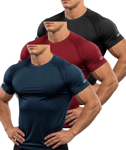 ZITY 3er Pack T-Shirts Herren Sportshirt Kurzarm Sommer T-Shirts Männer Leicht Funktionsshirt Atmungsaktiv Schnelltrocknend Laufshirt Rundhals Trainingsshirt Marineblau+Rot+Schwarz L