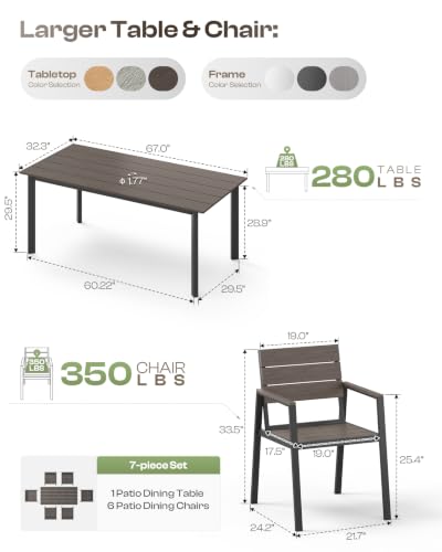 Image of Outdoor Dining Set for 6, Patio Table and Chairs Set with Umbrella Hole, 7 Pieces HDPS + Aluminum Outdoor Furniture Sets for Patio, Garden (Charcoal)