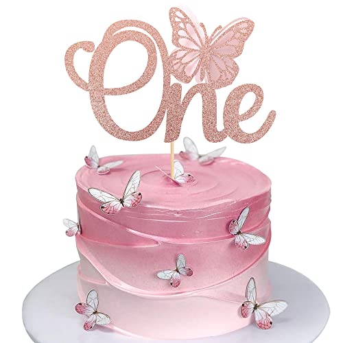 Rsstarxi 1 Pack Butterfly One Cake Topper Rose Gold Glitter Baby Shower Butterfly 1St Birthday Cake Pick Decorations For Butterfly Theme Baby Shower 1St Birthday Party Supplies #TOP26
