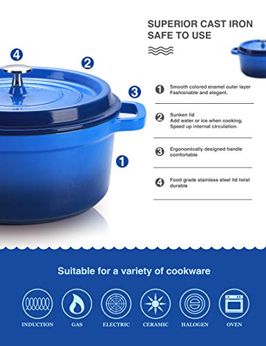 SULIVES Non-Stick Enamel Cast Iron Dutch Oven Pot with Lid Suitable for bread baking use on gas electric oven 5 Quart for 4-6 people(Dark Blue)