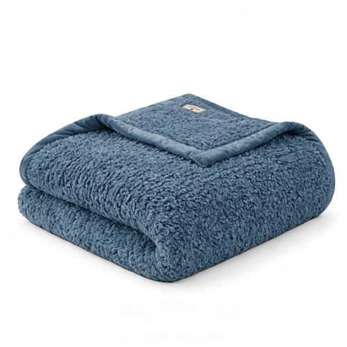 Woolrich Burlington Berber Blanket Super Soft, Cozy Lightweight Cover with Luxurious Velvet Binding, Modern Trendy All Season Bedspread Bedding-Set, Full/Queen: 90x90, Blue