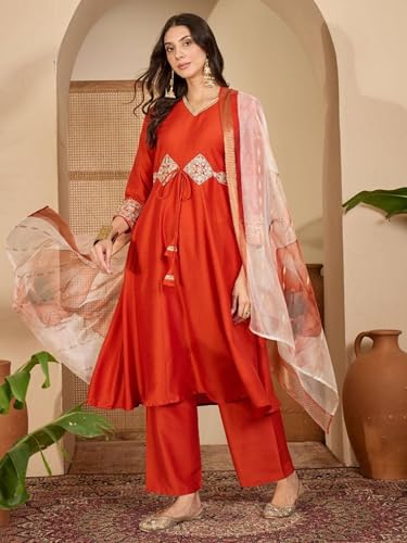Image of EthnicJunction Women's Cotton Silk Embroidered Anarkali Kurta Palazzo with Digital Print Dupatta Set