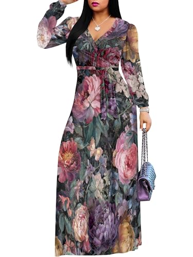 Image of SUZONANA Plus Size Dresses for Women Floral Print Maxi Dress Flowy 3 /4 Sleeve with Belt