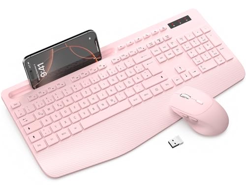 Tastatur Maus Set Kabellos Ergonomische Tastatur in Voller Größe mit Handgelenkauflage Telefonhalter Schlafmodus Leise 2 4 GHz kabellose Tastatur und Maus für Windows Computer Laptop PC - Rosa