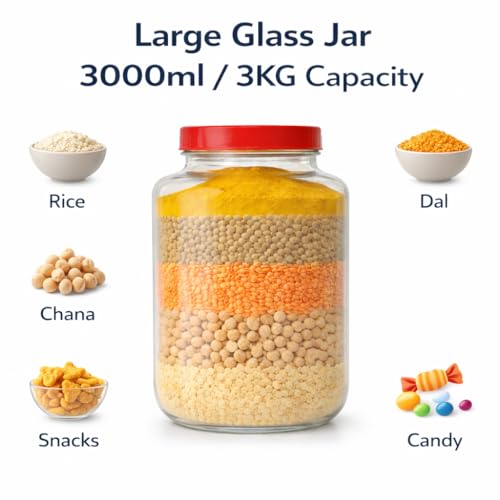 Image of 3000ml (3KG) Glass Storage Jar Pack of 2 with Airtight Red Lid - Large Kitchen Containers for Rice, Atta, Dal & Dry Fruits - Heavy Duty Transparent Glass