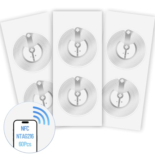 60PCS NFC Tags NTAG216 Chip, Programmable NFC Stickers with Adhesive Labels - 888 Bytes Memory, Rewritable RFID Tags, Works with All NFC-Enabled Smartphones & Devices(25mm Moist)