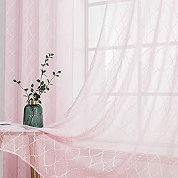 Cortinas Rosas MIULEE 2 Piezas Visillo Dormitorio Cortinas Translucidas Poliéster con Bordados Decoracion para Habitación Juvenil Estilo Marroquí Moderno de Ventana Salon Cocina Comedor 140x245cm Geometría Rosa