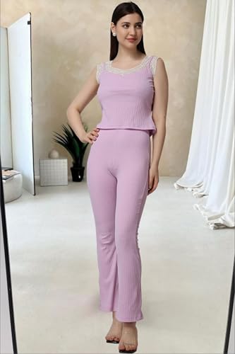 Image of POPWINGS Casual Lavender Solid Rib Crop Top and Trouser Co-ord Set for Women