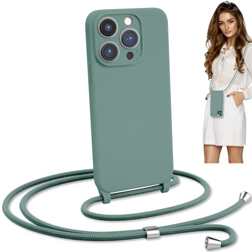 Blaspins Crossbody Lanyard Strap Case for iPhone 15 Pro Hands-Free Neck Cross Body Wrist Adjustable Rope Removable Drop Protection Shockproof Silicone Case 6.1 inch 150 cm Strap iP15Pro - Pine Green
