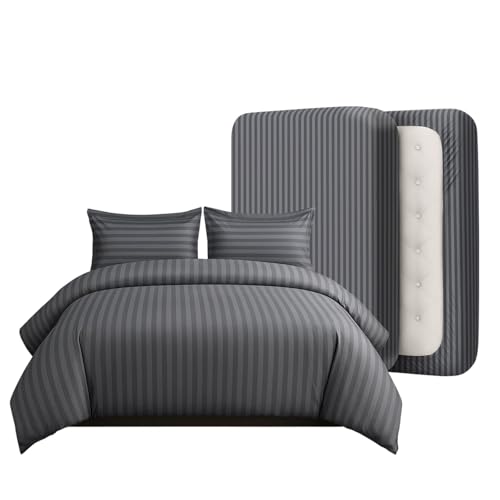 Casabella Duvet Cover Sets - 4 Pc Luxury Double Duvet Brushed Microfiber Duvet Full Set - Duvet Cover, Fitted Sheet & Pillowcase 2 Pack - Soft & Durable Double Duvet Set - Stripe Grey Bedding