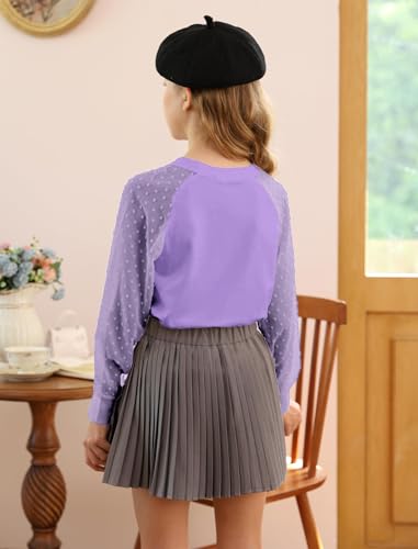 Image of Yekaty Girls Shirts Casual Solid Color Crewneck Blouses Soft Long Sleeve Swiss Dots Chiffon Tops