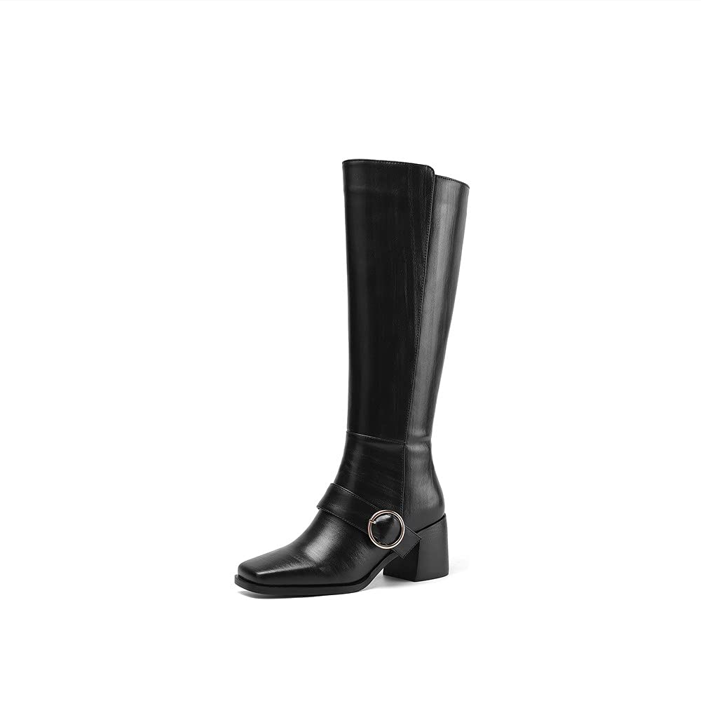 TinaCus Square Toe Handmade Buckle Genuine Leather Chunky Heel Side Zip Up Womens Trendy Knee High Boots