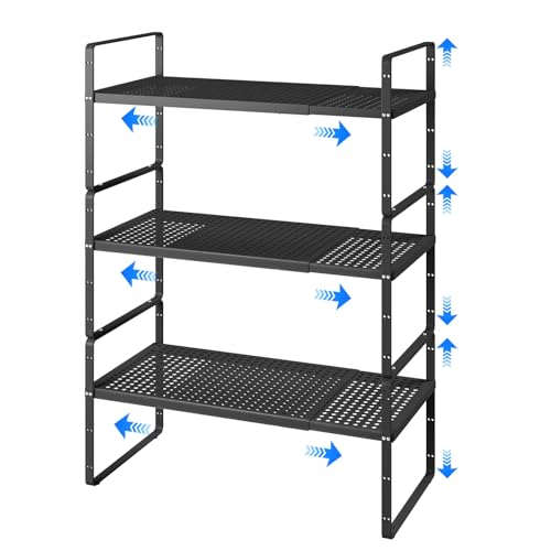 KIKIBRO Erweiterbares stapelbares Regal, Theken-Organizer, Gewürzschrank, Speisekammer, Regal, Schrankständer, Aufbewahrungsregale, Badezimmer, Küche, Arbeitszimmer, Zubehör, 36,3 kg, strapazierfähig,