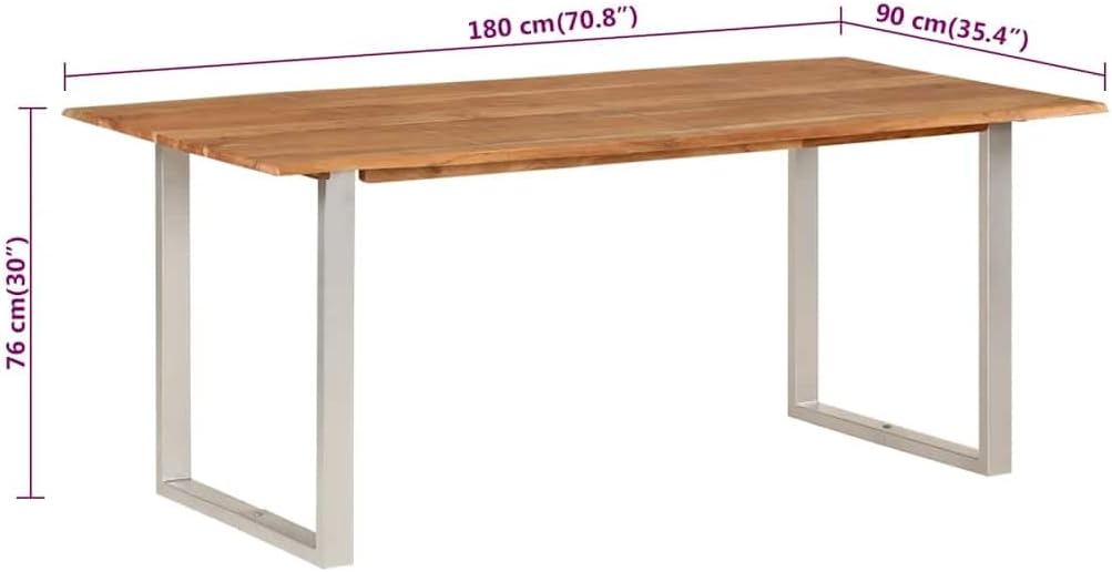 Diagram showing the dimensions of the vidaXL dining table: 180 cm (70.9 inches) length, 90 cm (35.4 inches) width, and 76 cm (29.9 inches) height.