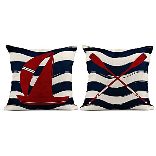 Taysta Set Of 4 Linen Throw Pillow Cover Case Summer Coastal Nautical Theme Red Anchor Sailboat Compass Waves Decorative Pillow Cases Covers Home Decor Square 20 X 20 Inches Pillowcases #TOP4