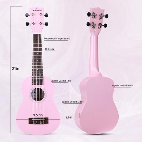 Image of ADM Ukulele for Beginners Hawaiian Sapelewood Ukelele Kit for Adult Student Starter Professional Ukalelee Pack Bundle with Free Lessons Gig Bag Strap Nylon String Tuner (Pink-Sapele, 21 Inch)