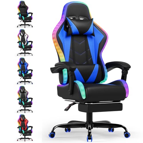 Devoko Silla Gaming con Masajeador y LED, Silla de Oficina Ergonómica con Reposapiés, Sillas Gaming para Oficina y Juegos con Iluminación RGB(Azul)