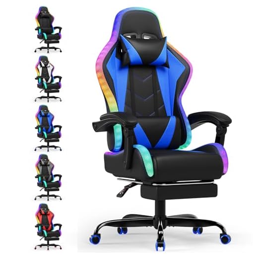 Devoko Silla Gaming con Masajeador y LED, Silla de Oficina Ergonómica con Reposapiés, Sillas Gaming para Oficina y Juegos con Iluminación RGB（Azul）