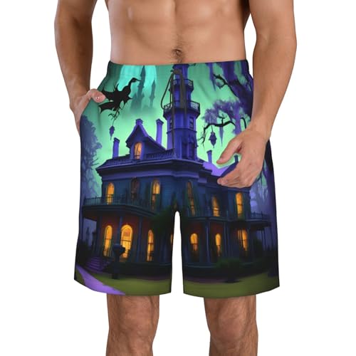 Black Haunted Mansions Print Mens Swim Trunks Quick Dry Swim Shorts Swimsuits with Pockets Beach Shorts for Men