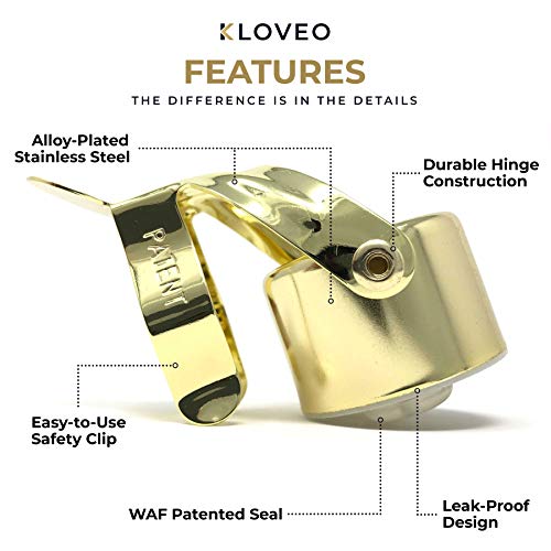 Image of Champagne Stoppers by Kloveo - Patented Seal - Made in Italy - Professional Grade WAF Champagne Bottle Stopper - Prosecco, Cava, and Sparkling Wine Stopper - Gold (Pack of 2)