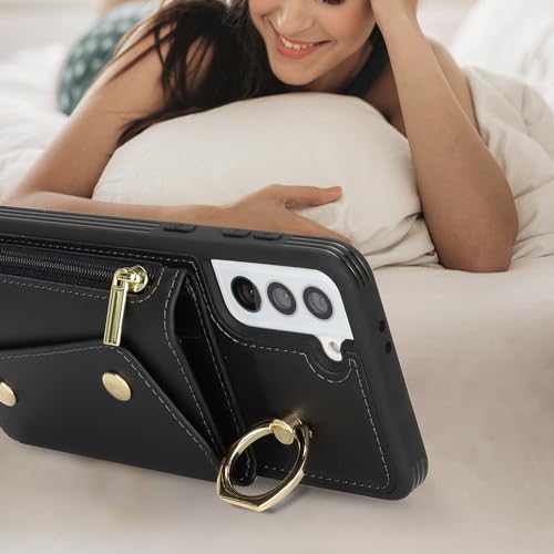 Lipvina for Samsung Galaxy S21 FE Case with Card Holder and Strap - Zipper Pocket,Crossbody Lanyard Strap,Credit Card Holder,Stand Ring,Cute Phone Wallet Case for Women(Black,6.4 Inch) by Lipvina - Image 5