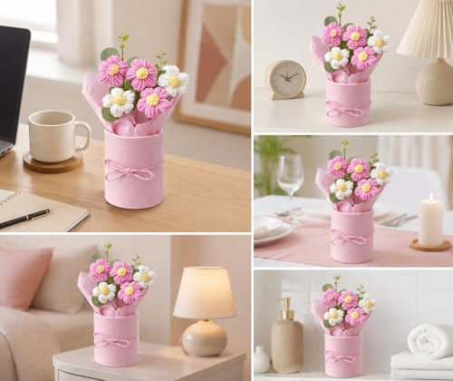 Image of Handmade Crochet Flower Bouquet with Gift Box - Pink & White Knitted Artificial Floral Arrangement, Hand Woven Yarn Flowers for Desk Decor, Car Decoration, Bedroom, Wedding