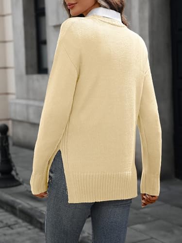 Women's Wool Blend Side Slit Hem Crewneck Long Sleeve Loose Fit Pullover Sweater4