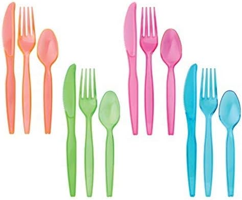 Tiger Chef Neon Glow In The Dark Party Supplies - Hard Plastic Cutlery In Pink, Blue, Green and Orange - 384 Pieces
