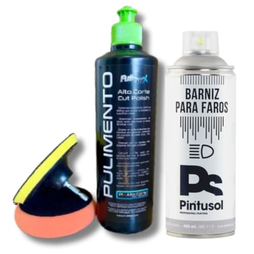 AutoFullCar - Kit De Polímero Líquido para Pulido De Faros - Pulimento Alto Corte FullCarX (500 ml.) - Adaptador Taladro + Boina (100mm.) - Barniz Acabado Brillo Pintusol Específico para Faros 400ml.