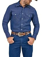 Wrangler Men's Authentic Cowboy Cut Work Western Long-Sleeve Firm Finish Shirt, Rigid Indigo Denim, Large