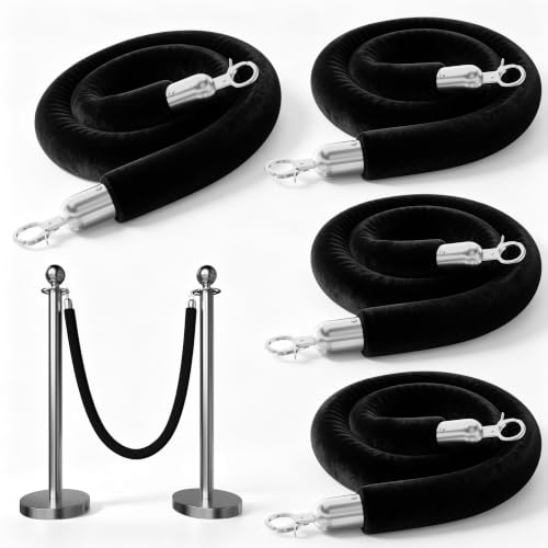 Image of 4PCS Black Velvet Stanchion Ropes 5 Ft Crowd Control Ropes Barrier with Silver Hooks for Party Supplies,Photobooth Accessories, Prom,Birthday,Business,Wedding, Museums