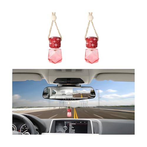 Image of Bling Car Hanging Bottle, 2PCS Crystal Rhinestone Empty Clear Vehicle Essential Diffuser Glass Pendant with Wooden String, Diamond Auto Interior Oil Vase Decor, Universal Fit (Red)