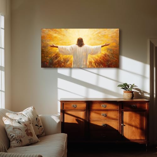 SERIMINO Christian Jesus Large Wall Art, Christ with Open Arms Canvas Painting, The Risen Lord in Radiance Wall Pictures, Religious Believers Home Wall Decor Living Room Bedroom Art Prints 24"X48"