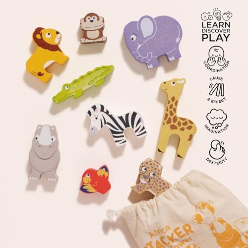 Le Toy Van - PL117 - Lernspiel Tiere der Savanne, stapelbar, für Kinder ab 18 Monaten, Balance-Aktivität, 9 Tiere und Tasche, aus FSC-Holz, ökologisches Spiel, plastikfrei, Petilou