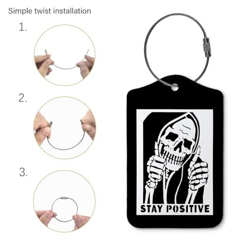 Stay Positive Luggage Tags for Suitcases,Funny Skull 2 Pack Baggage Tag Label with Steel Loop,Vintage Black Handbag School Bag Backpack Traveling Accessories2