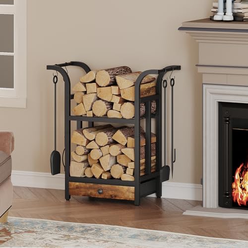 MAHANCRIS Kaminholzregal Innen Außen 3-stöckiges Holzregal 4 S-Haken und Stoffschublade 68 x 30 x 73 5 cm Metallrahmen für Kamin & Ofen Vintagebraun und Schwarz AFKBK4301