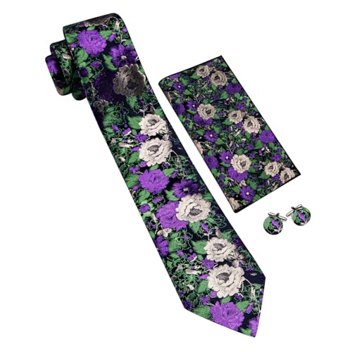 Image of Barry.Wang Flower Ties for Men Handkerchief Cufflinks Set Wedding Necktie Set Party