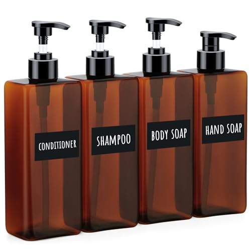 Image of Segbeauty 4 Packs Shampoo Conditioner Bottles, 16.9oz 500ml Empty Refillable Soap Dispenser with Labels, Plastic Reusable Press Pump Shower Bottle for Lotion Body Soap Hand and Dish Wash Lotion Amber