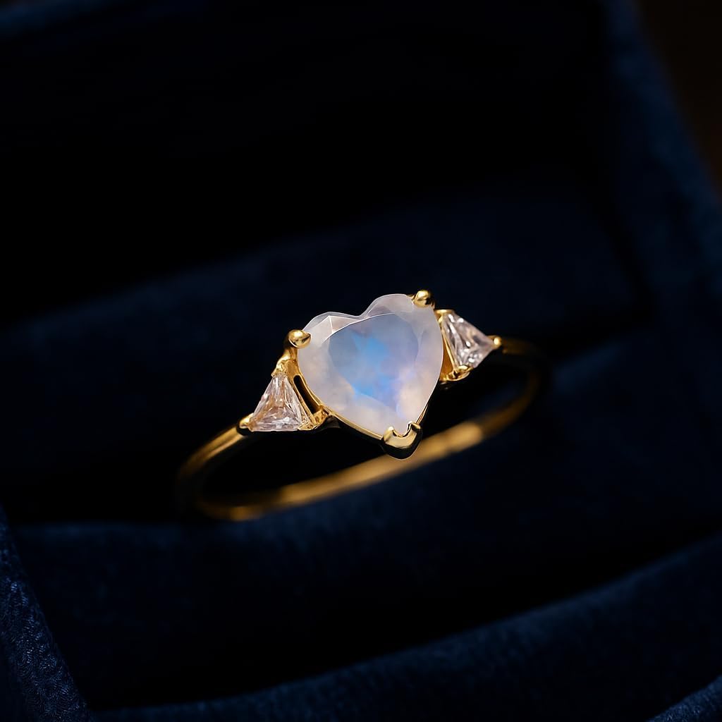 Heart Shape Moonstone Engagement Ring for Women 10K Yellow Gold Solitaire with Trillion Diamond Accents Dainty Minimalist Promise Ring Elegant Jewelry Gift for Lover
