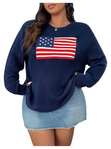 SweatyRocks Women's Plus Size Flag Pattern Sweaters Long Sleeve Round Neck Loose Pullover Sweater